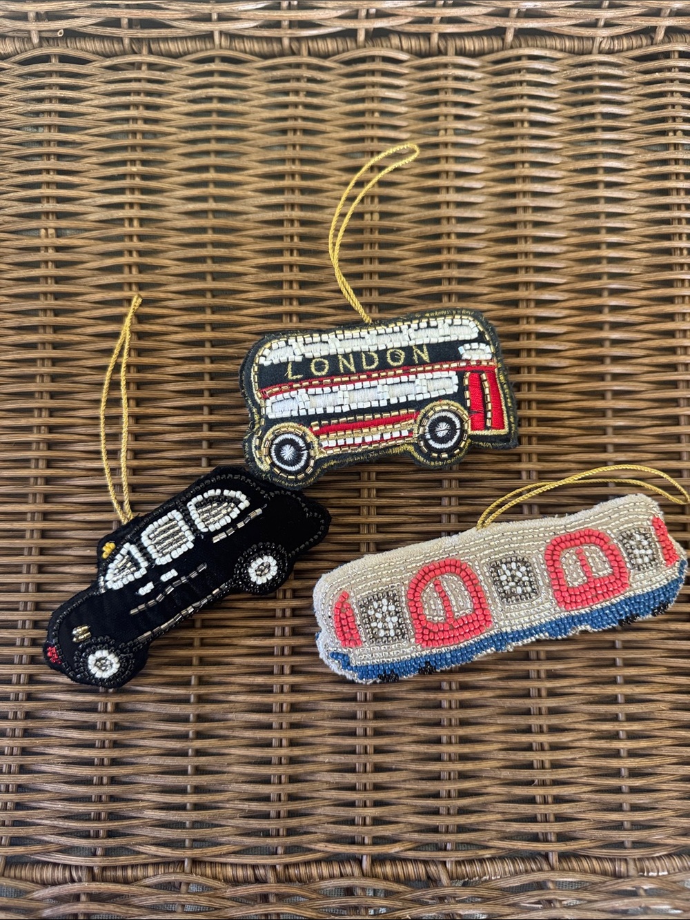 M&S Marks & Spencer Set of 3 Beaded London Transport Ornament Bus Taxi & Train